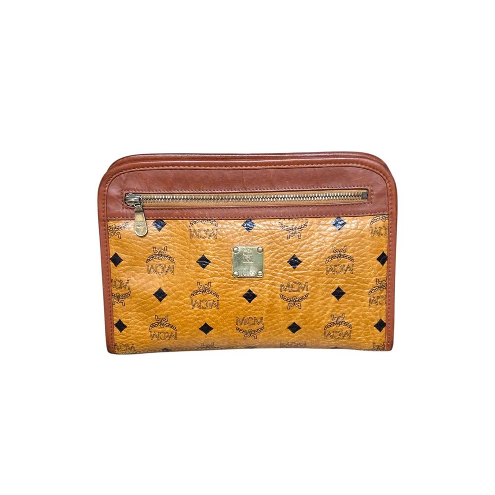 MCM Vintage Cognac‎ Brown Portfolio Visetos Monogram Coated Canvas Clutch